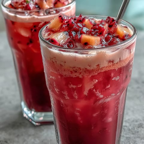 Vibrant mango dragonfruit refresher with bright pink hue and tropical fruit chunks, served over ice for a refreshing homemade Starbucks-inspired drink.