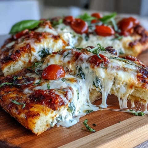 High-protein cottage cheese flatbread pizza with melty mozzarella and fresh basil, ready to slice and enjoy.