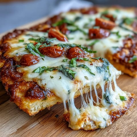 Wholesome cottage cheese flatbread pizza topped with vibrant veggies and gooey cheese, baked to golden perfection.