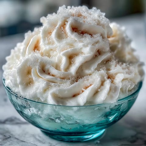 Fluffy and frosty TikTok Cloud Slushie in a clear glass, topped with a swirl of sweetened condensed milk.