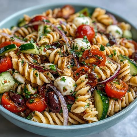 Colorful summer pasta salad with cherry tomatoes, cucumber, and Italian dressing—ideal for picnics or light lunches.  