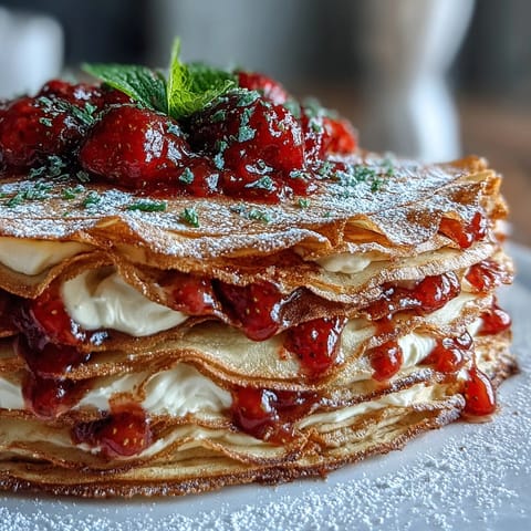 Delicate strawberry mascarpone crêpe cake, a showstopping dessert ready to serve.