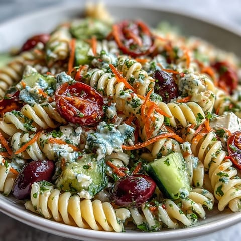 Colorful Memorial Day Pasta Salad with vibrant veggies and zesty Italian dressing.