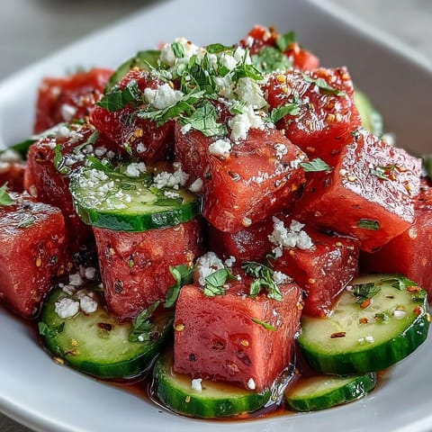 Vibrant, refreshing watermelon cucumber salad invigorates the palate with Tajin and lime.