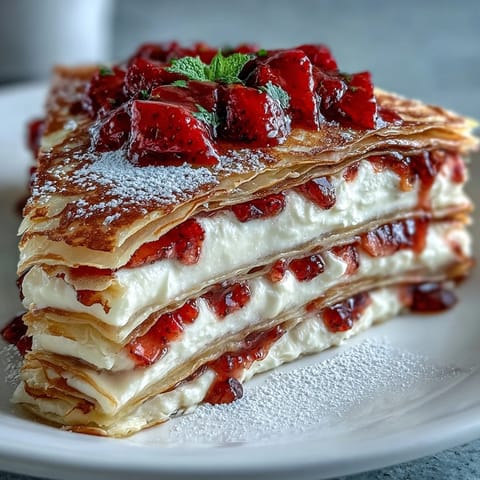 Mother's Day Crêpe Cake: layered with strawberry mascarpone and fresh berries.