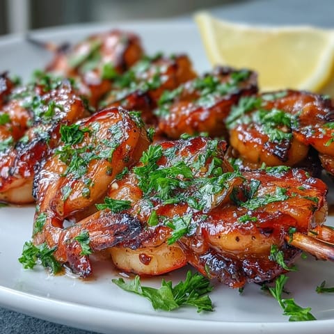 Tender grilled honey garlic shrimp skewers, caramelized and juicy for dinner.