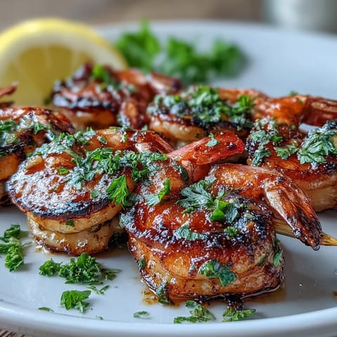 Perfectly charred honey garlic shrimp skewers, glistening with sweet glaze and herbs.