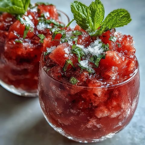 A vibrant Watermelon Mint Frosé, frosted and garnished with fresh mint.