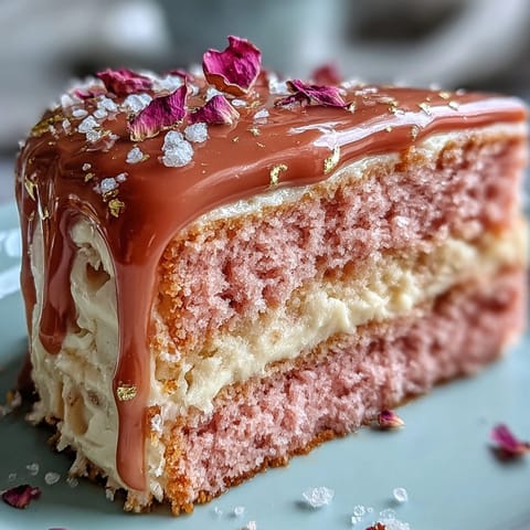 Luxurious rosé velvet cake, a wedding shower showstopper with cascading gold chocolate.