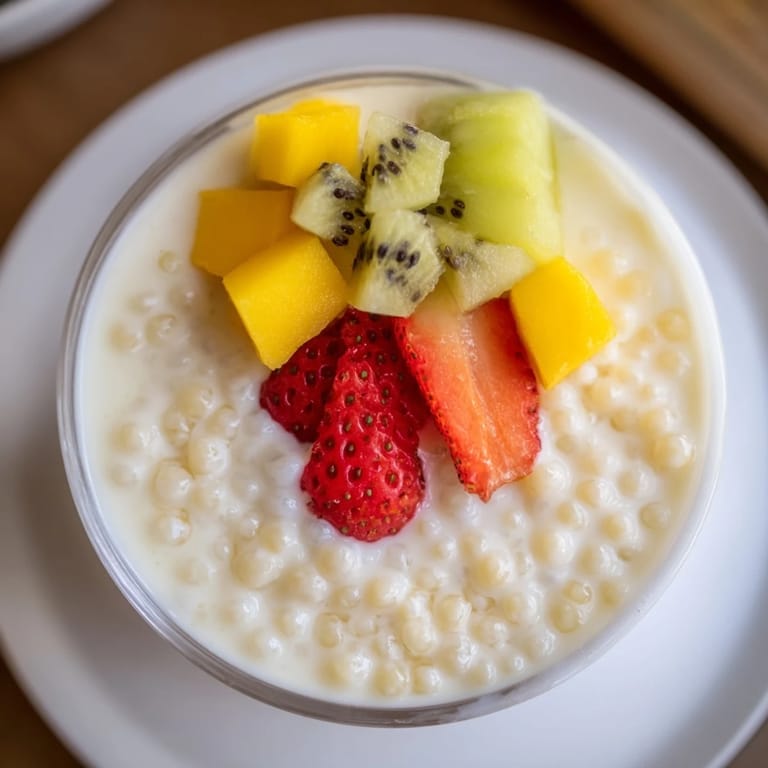 Enjoy a spoonful of the perfectly chilled tapioca pudding, a sweet treat you'll love.