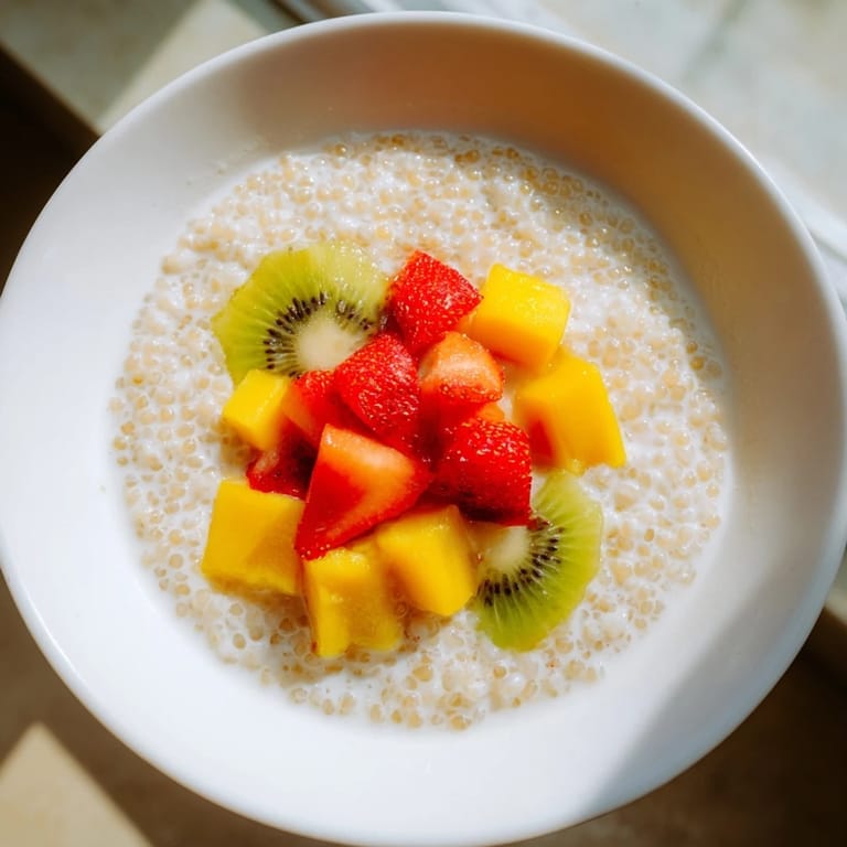 Homemade tapioca pudding, with visible tapioca pearls, ready to be enjoyed with fresh fruit.