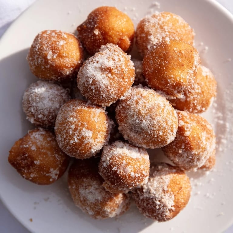 Warm, bite-sized doughnut holes with a crispy exterior and soft interior, ready to serve and enjoy.