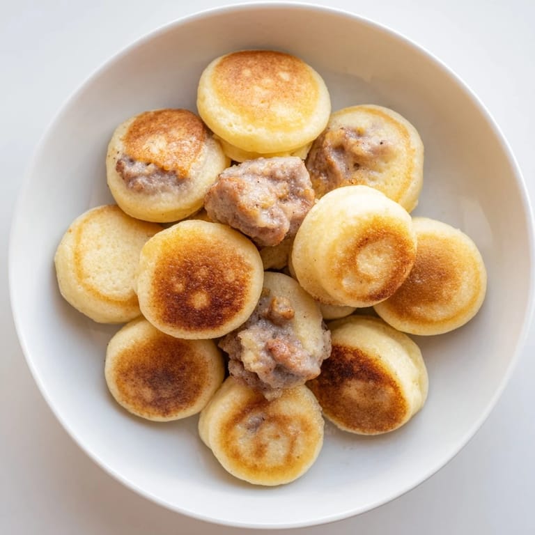 Irresistible closeup of fluffy pancake bites, showcasing a juicy fruit-filled interior, ready to be enjoyed.