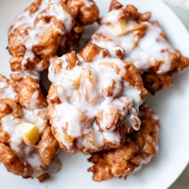 Warm Apple Fritters, fresh from the fryer, glistening with a creamy vanilla glaze, a delightful dessert.