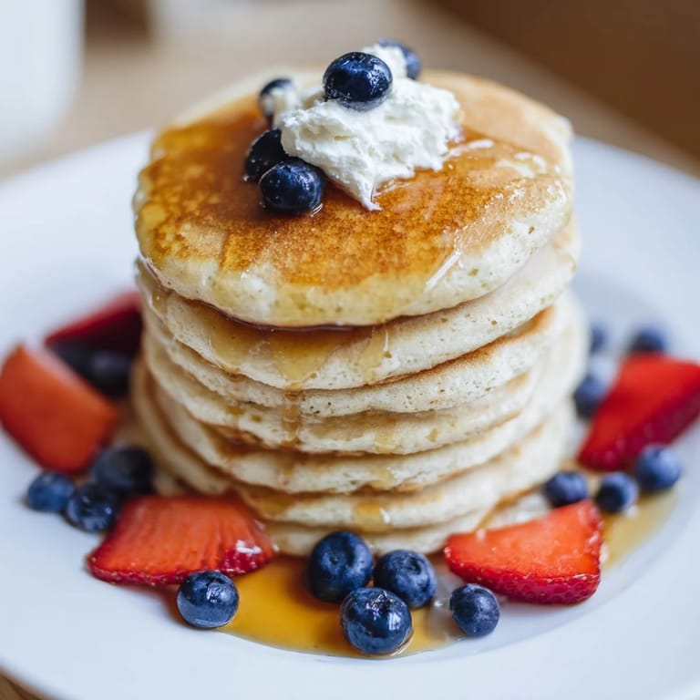 Delightful image showing a stack of fluffy silver dollar pancakes adorned with fresh berries and cream.