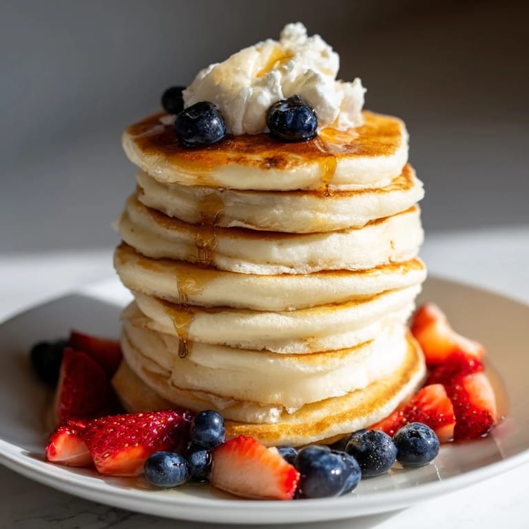 Warm and inviting close-up of delicious silver dollar pancakes served with a dollop of whipped cream.
