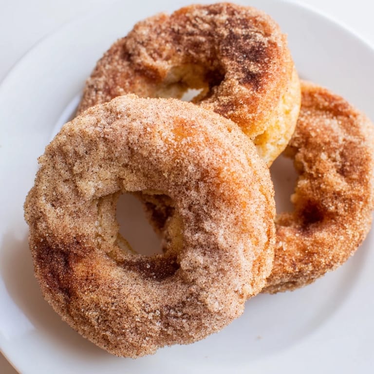 A plate of fluffy apple cider donuts, smelling of warm spices, alongside a cup of cider.