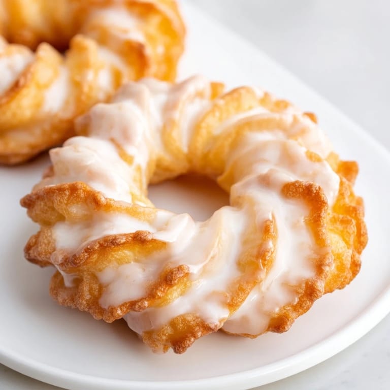 Freshly fried French crullers with a crisp exterior, pictured right before being dipped in sweet glaze.