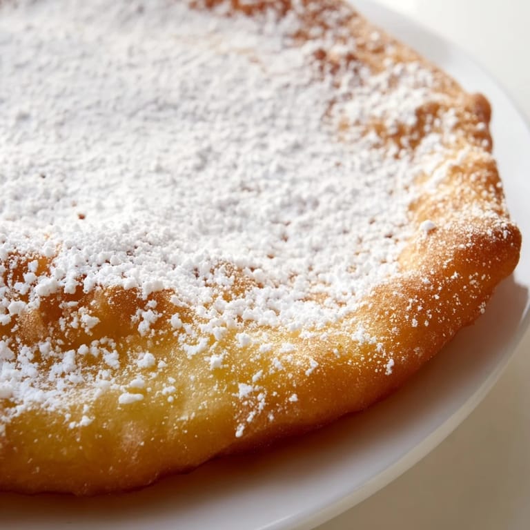 Homemade fried dough, freshly fried and dusted with powdered sugar, ready to be enjoyed warm.