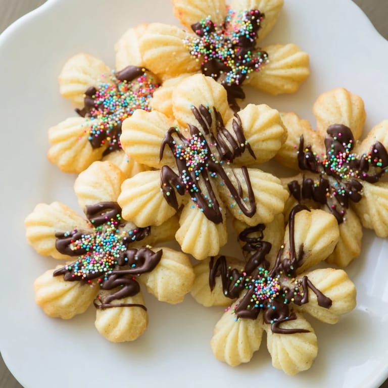 Close-up of freshly baked Spritz Cookies, buttery and flavorful, waiting to be decorated and eaten.