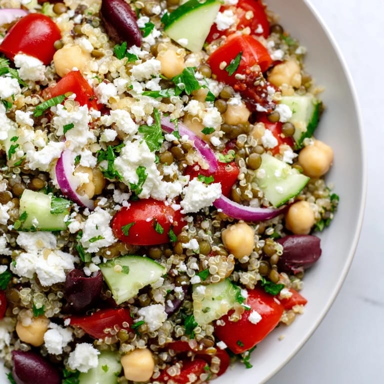 Greek Power Salad served in a rustic ceramic bowl, with crumbled feta, Kalamata olives, and diced cucumber over a bed of hearty lentils and quinoa.
