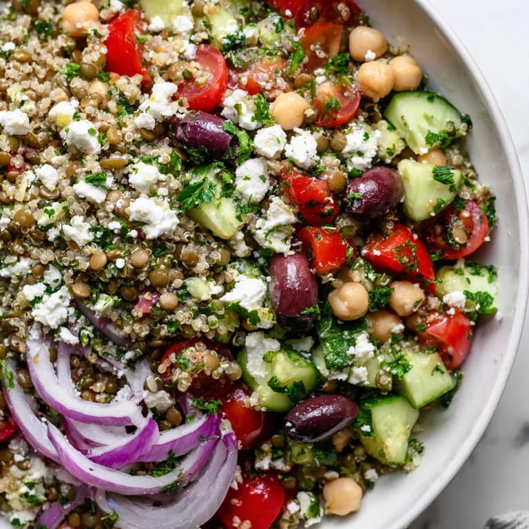 Overhead view of Greek Power Salad, highlighting vibrant cherry tomatoes, red bell peppers, and fresh parsley tossed with chickpeas and a Greek vinaigrette.