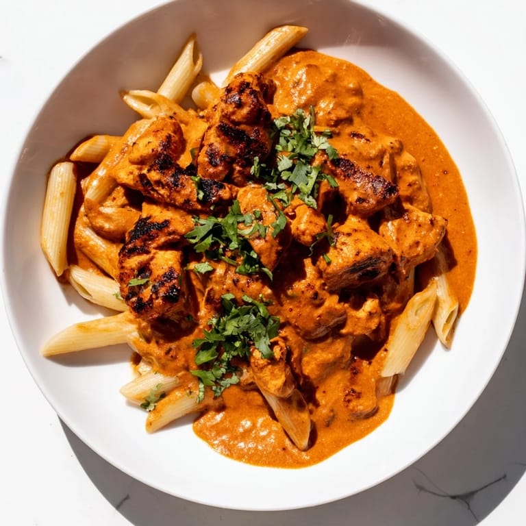 Served hot, this Chicken Tikka Pasta dish combines tender chicken tikka pieces with creamy penne on a rustic table setting.