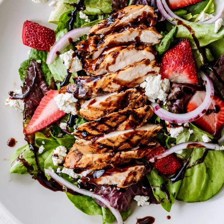 A plated Honey Balsamic Chicken Salad featuring juicy chicken, sweet berries, creamy cheese, and a glossy dressing drizzle.