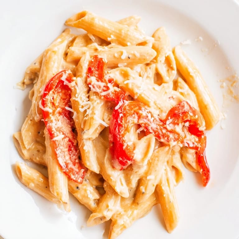 A skillet of creamy Cajun pasta studded with sweet peppers, rich sauce clinging to every al dente noodle.