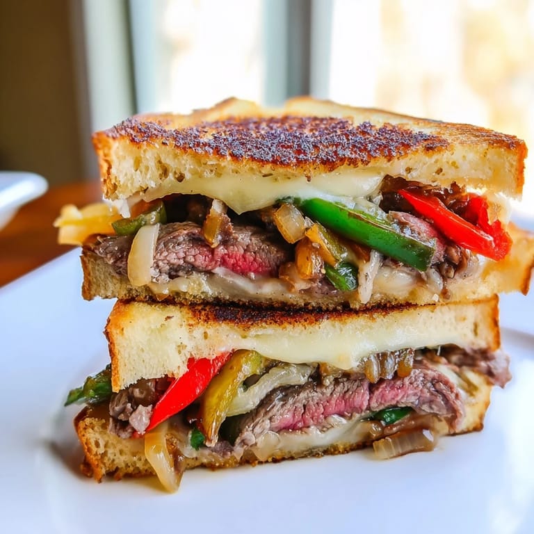 Close-up view of a Philly Cheesesteak Grilled Cheese revealing juicy steak strips and sautéed peppers inside buttery sourdough bread. 
