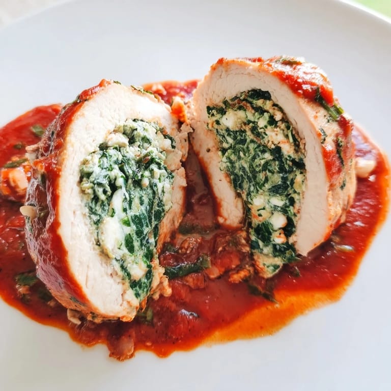 Spinach ricotta stuffed chicken in a skillet, garnished with fresh basil and Parmesan.