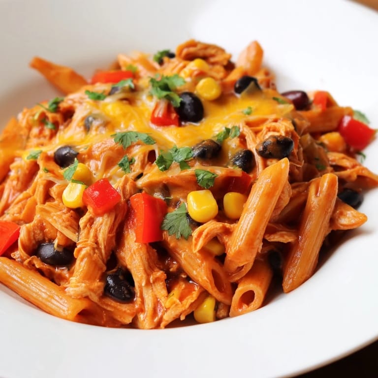 A rustic bowl of Chicken Enchilada Pasta garnished with green onions, showcasing the rich red enchilada sauce and gooey cheese blend.