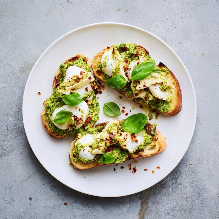 Close-up of Pesto Chicken Burrata Toast, showing melted burrata drizzle and fresh basil on golden sourdough with sliced chicken.