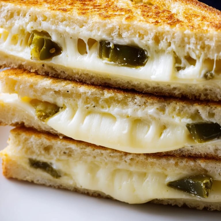 Sizzling jalapeño Havarti grilled cheese on a wooden cutting board, revealing a gooey, spicy interior between buttery, toasted bread.  