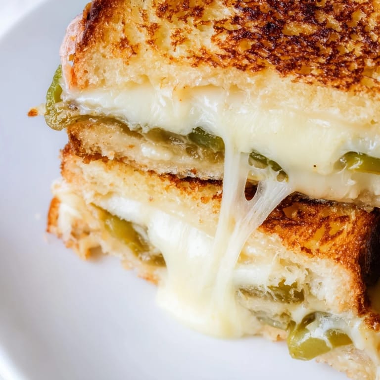 A plate of jalapeño Havarti grilled cheese, sliced to show melted cheese and vibrant pepper rings, ready to dip in tomato soup.