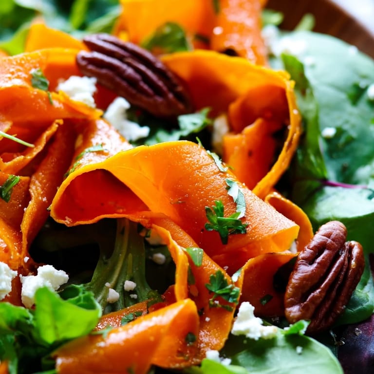 A close up view shows tender, caramelized carrot ribbons tossed in honey mustard vinaigrette. The Roasted Carrot Ribbon Salad shines with fresh herbs and red onion slices.