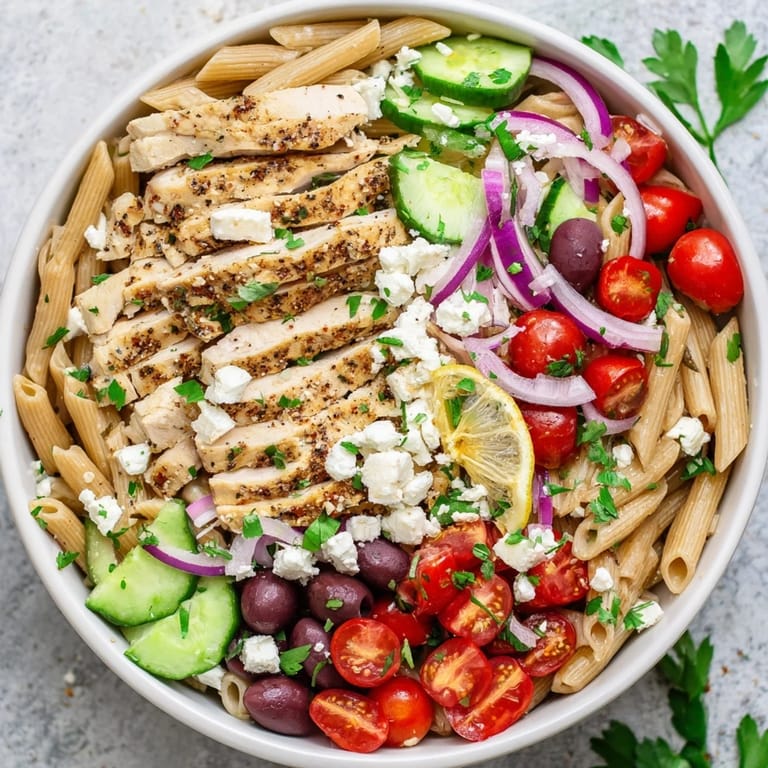 Golden grilled chicken slices rest atop a colorful Greek Chicken Pasta Bowl with olives and cucumbers.