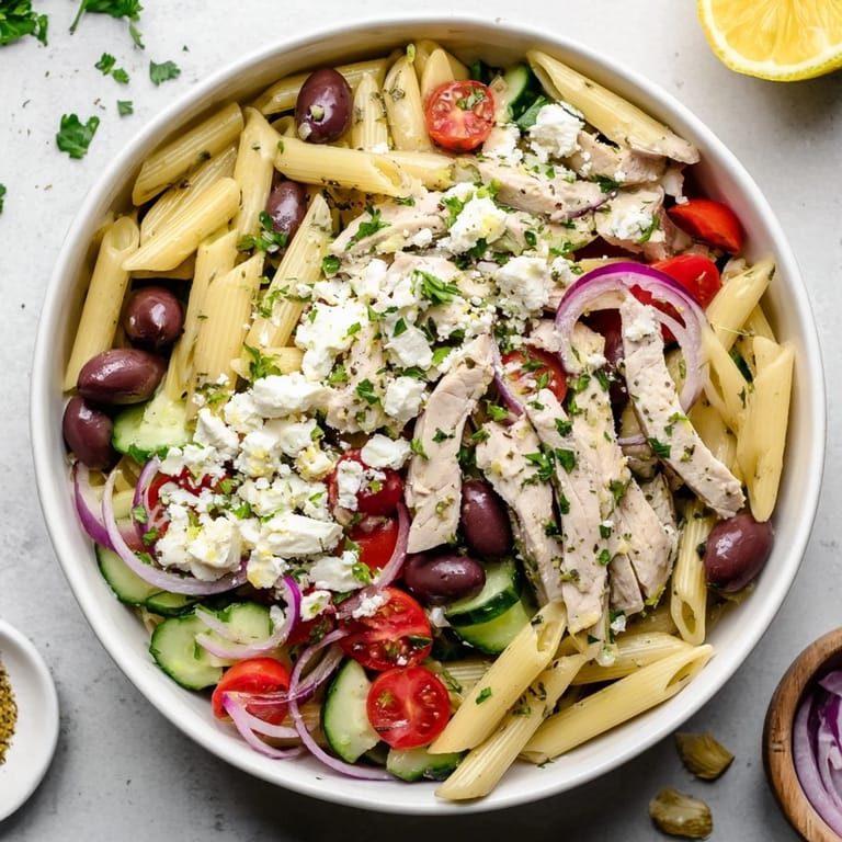 Serve this refreshing Greek Chicken Pasta Bowl for a quick, Mediterranean-inspired family dinner tonight.