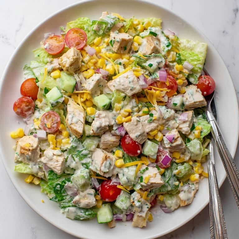 Ranch Chicken Chopped Salad served over a chilled plate with juicy tomatoes and cucumber for a light dinner.