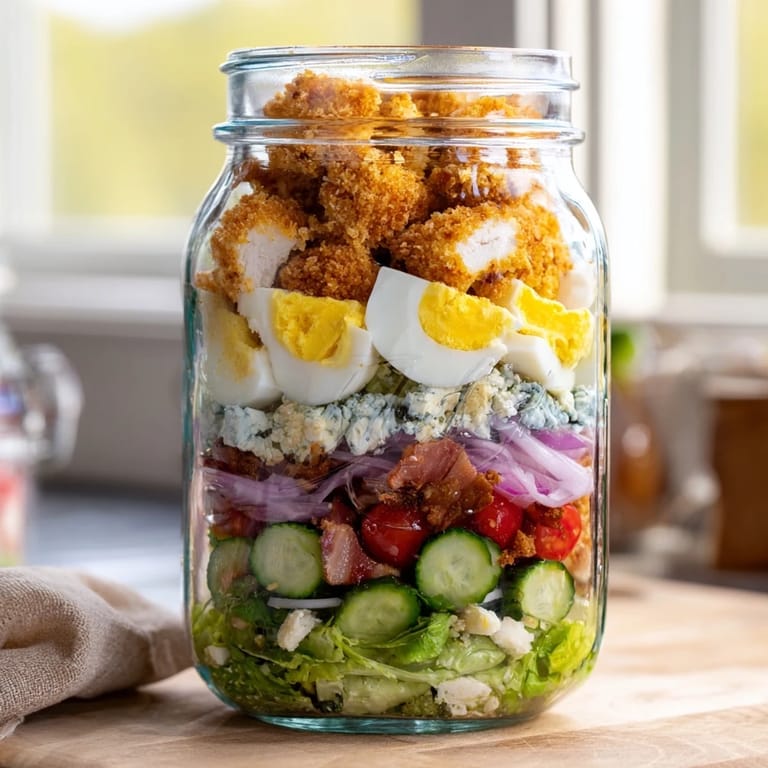 Crispy baked chicken bites over romaine lettuce with avocado, cherry tomatoes, cucumber, and smoky bacon crumbles inside a portable mason jar salad.  