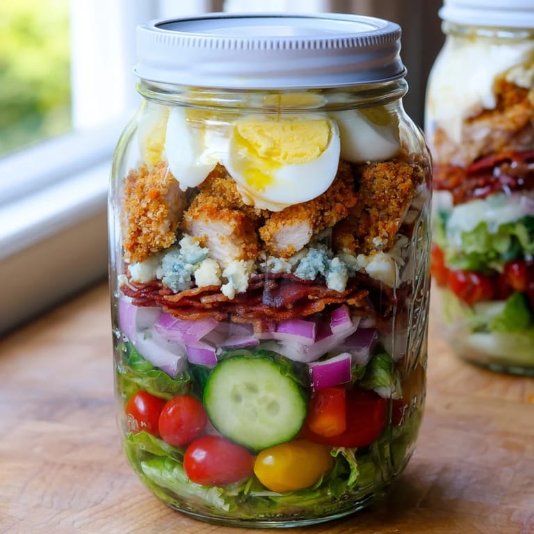 Homemade Crispy Chicken Cobb Jar Salad featuring golden chicken bites, crumbled blue cheese, hard-boiled egg, and fresh veggies in a lunch-friendly jar.