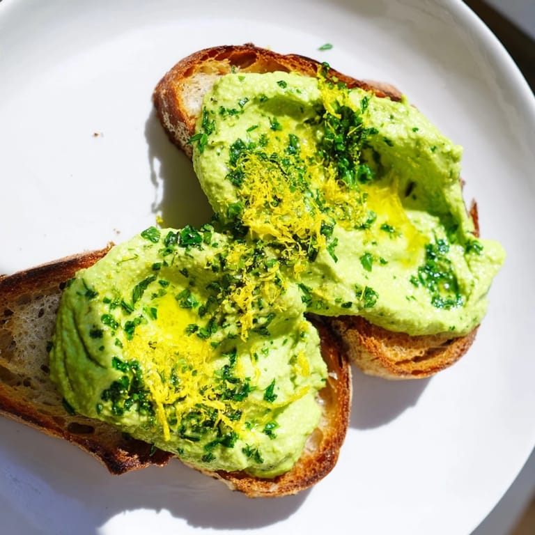 Toasted sourdough slices are generously topped with a smooth, pale green pea and mint ricotta spread, finished with a drizzle of extra virgin olive oil.