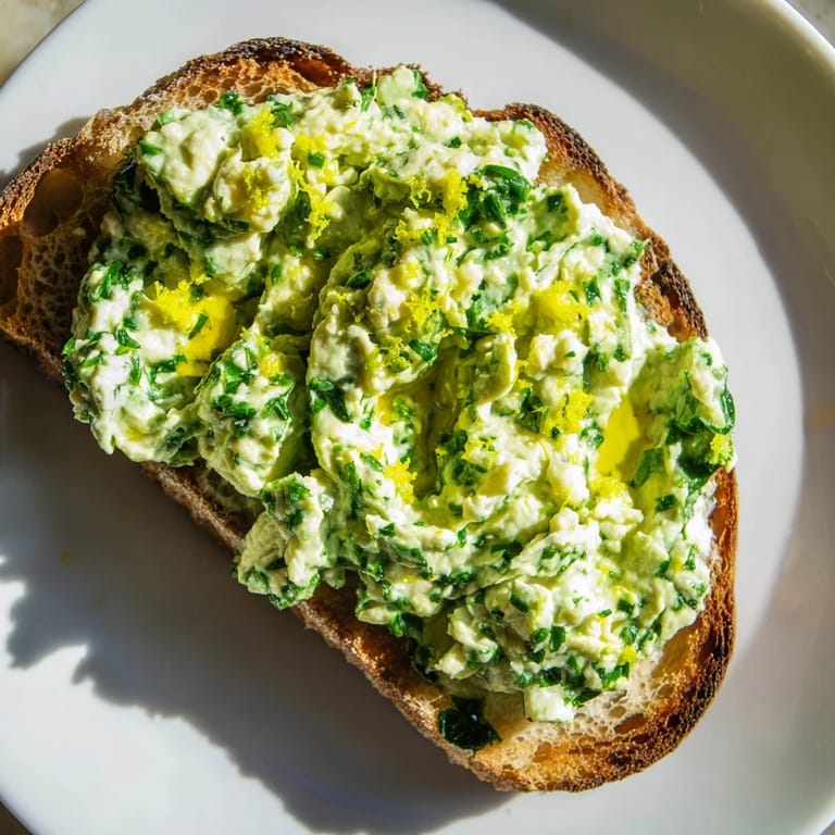 Crunchy golden sourdough holds a vivid green Pea & Mint Ricotta Toast, garnished with chopped mint and lemon zest, perfect for a light vegetarian lunch.