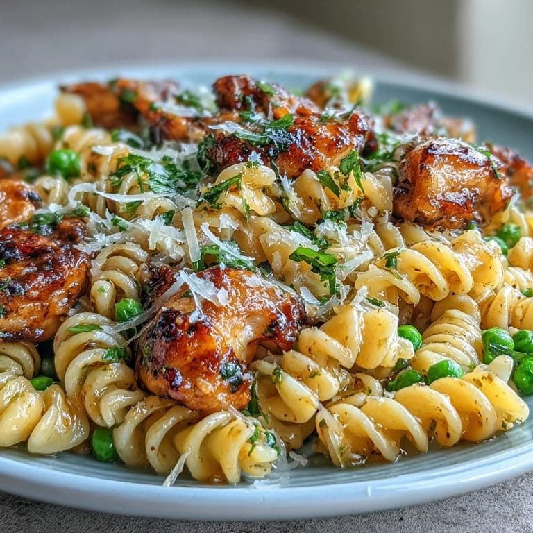 Hearty Garlic Butter Chicken & Pea Pasta, featuring al dente pasta and aromatic sauce.