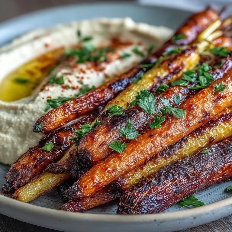 Golden roasted rainbow carrots paired with tahini-rich hummus dip.  