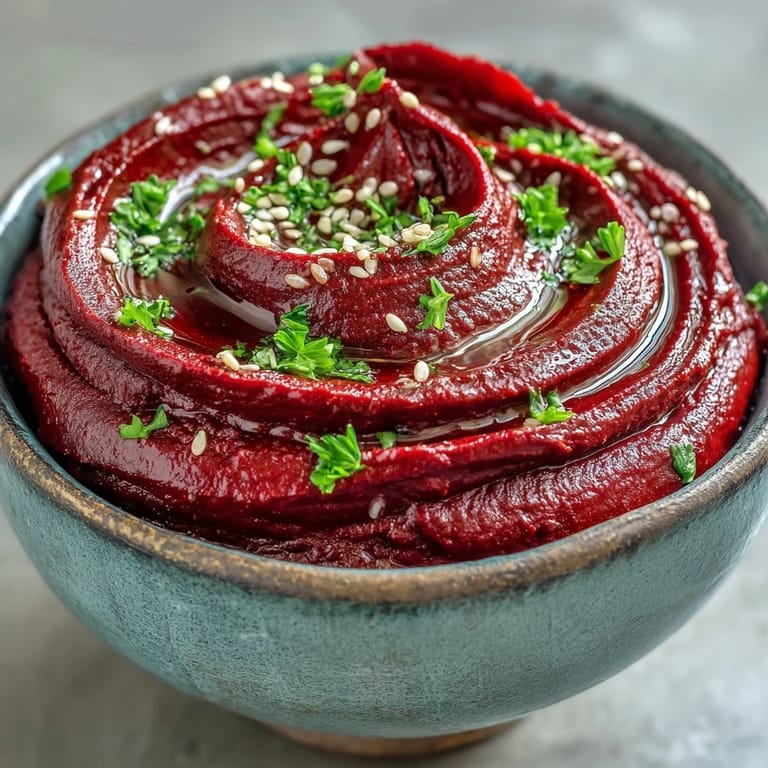 Roasted Beet Hummus in a rustic serving dish, its pink hue striking against a backdrop of pita chips and fresh vegetables.