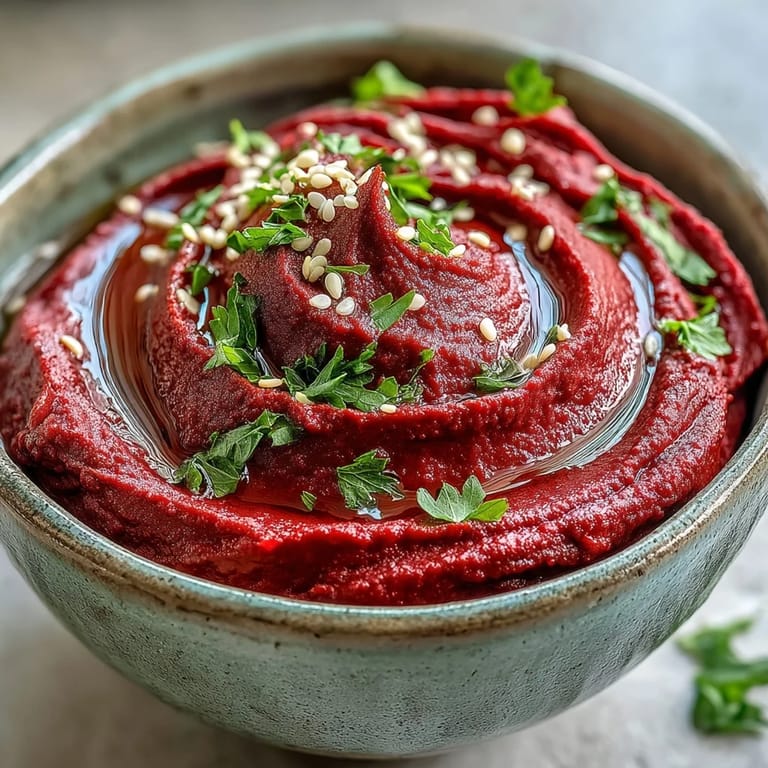 Creamy, earthy Roasted Beet Hummus spread on a platter, surrounded by colorful veggie sticks for a healthy appetizer presentation.