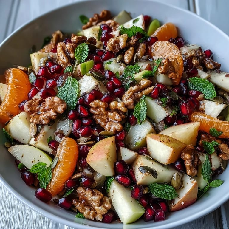 The Pomegranate and Walnut Salad in a white ceramic bowl, garnished with fresh mint leaves, ready for a healthy vegetarian lunch.