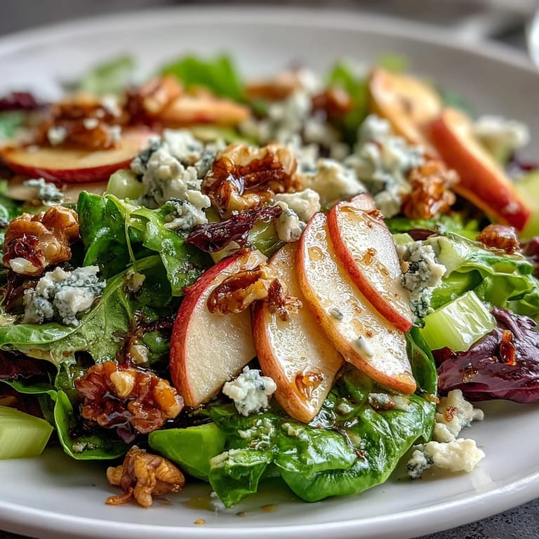 Freshly tossed Apple and Walnut Salad featuring honeycrisp apples, celery, and toasted walnuts, drizzled with a tangy apple cider vinaigrette and topped with crumbled blue cheese.