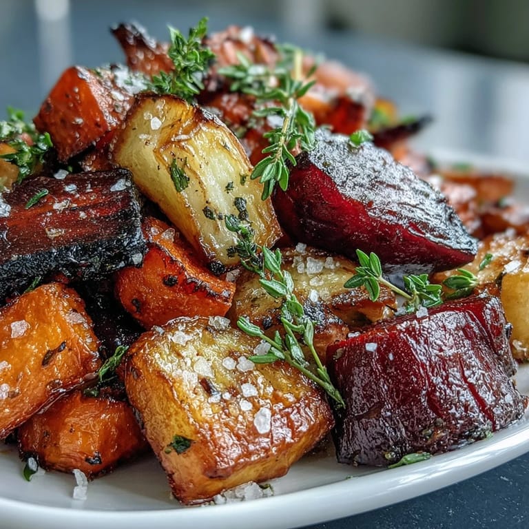 Golden brown Roasted Root Vegetable Medley glistening with olive oil and herbs, served warm as a colorful side dish for a holiday dinner.  